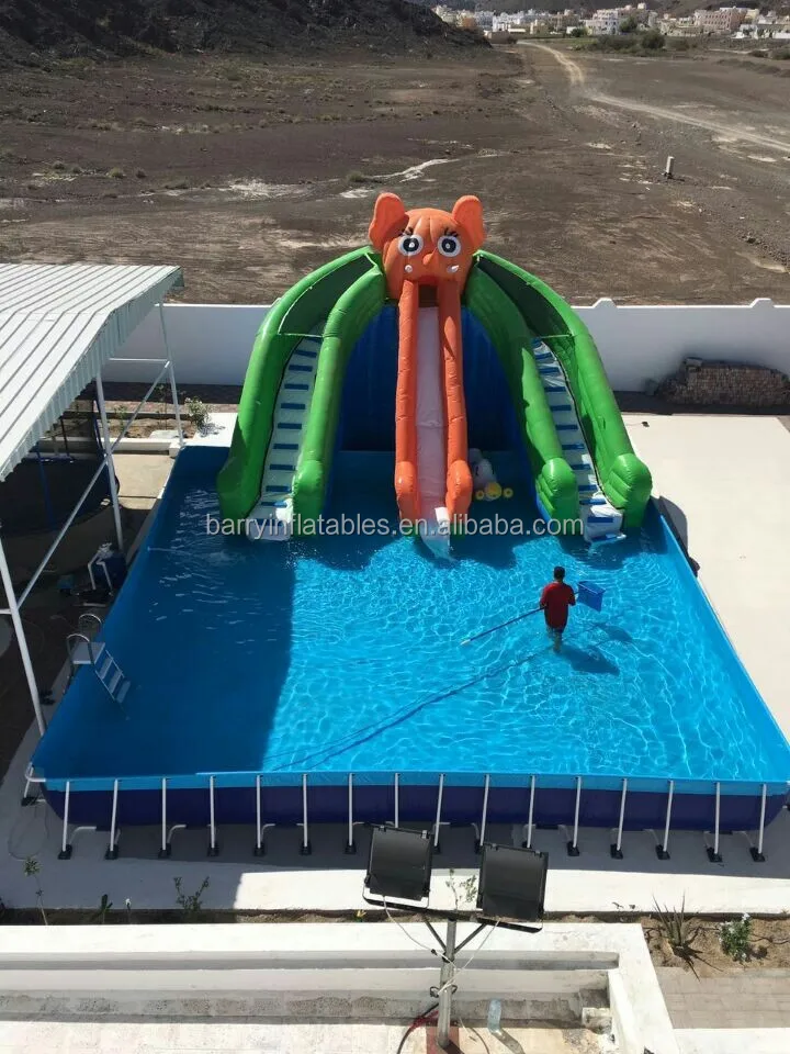 Hot Sale Amusement Park Metal / Steell Frame Swimming Pool With Water Slide, Inflatable Water Toys