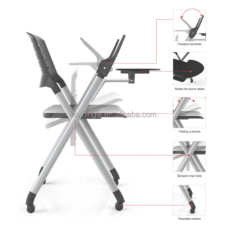 Foldable aluminum frame training chair with foldable writing tablet and armrest
