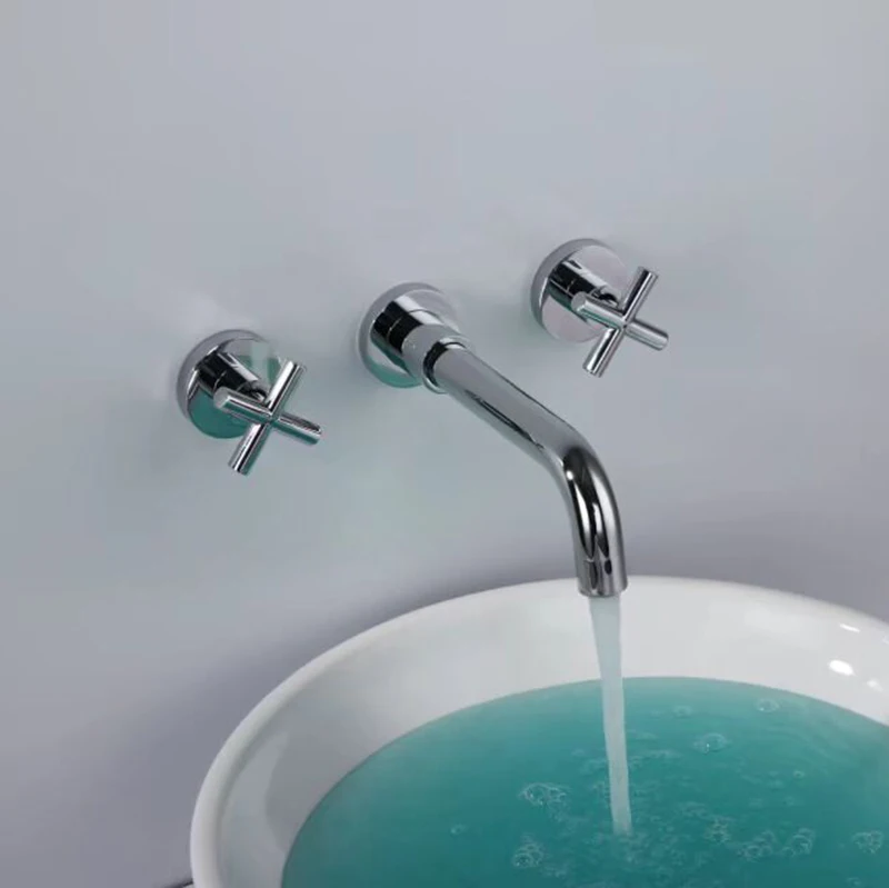 
2019 New Copper Brushed Gold Brushed Rose Gold Dark Wall-mounted Three-hole Bathroom Basin Faucet Hot and Cold Water Faucet 