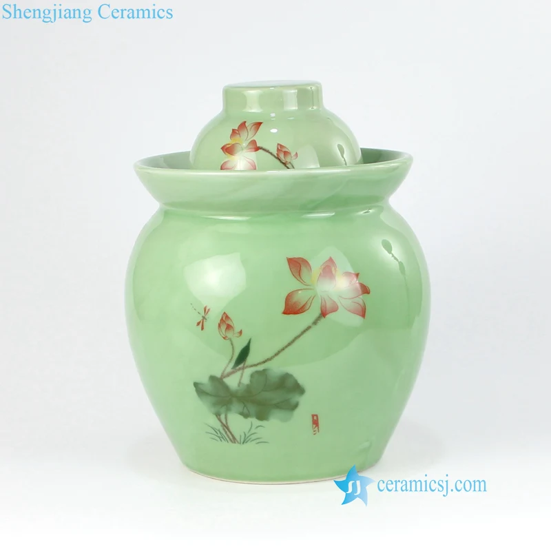 RYXM02 Green color background red lotus pattern pottery pickle jar