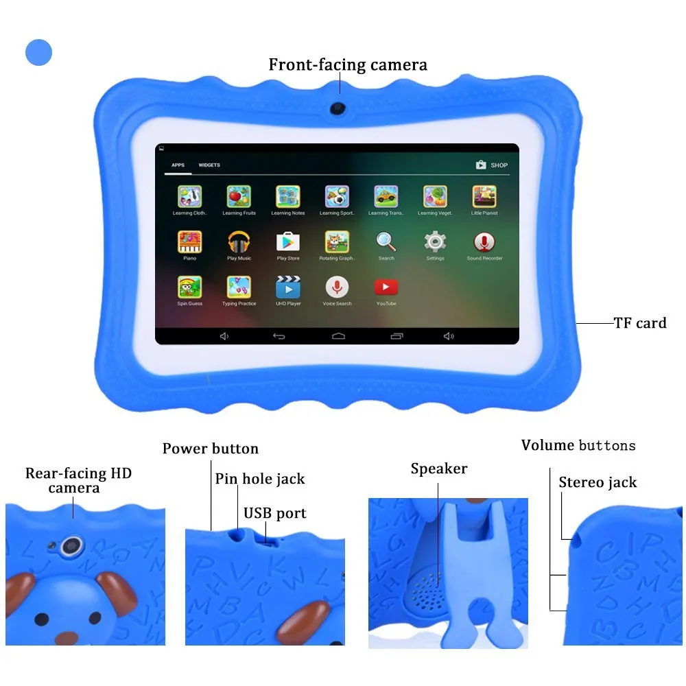 
2018 New Arrival Preschool Educational Kids Android Tablet 7' HD Display with Silicone Protect Case 