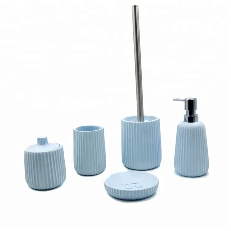 
Home Collection Light Blue Ribbed Bathroom Accessories Lotion Dispenser Water Cup Soap dish Cotton Box Toilet Brush Holder 