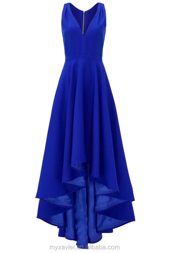 Blue crepe sleeveless v-neck evening dress with a high-low hem