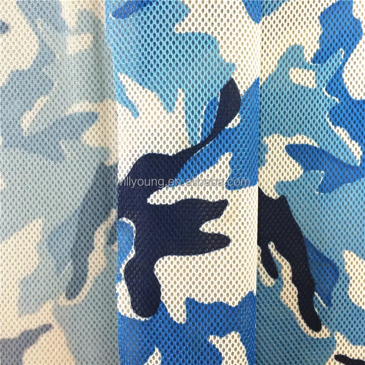 camouflage air mesh fabric 100% polyester knit fabric with camo pattern sky blue navy 3d mesh fabric with 3d layers