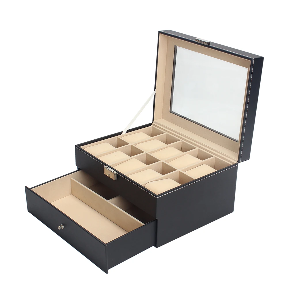 
luxury custom logo 10 slots watch case jewelry black storage leather velvet watch box 