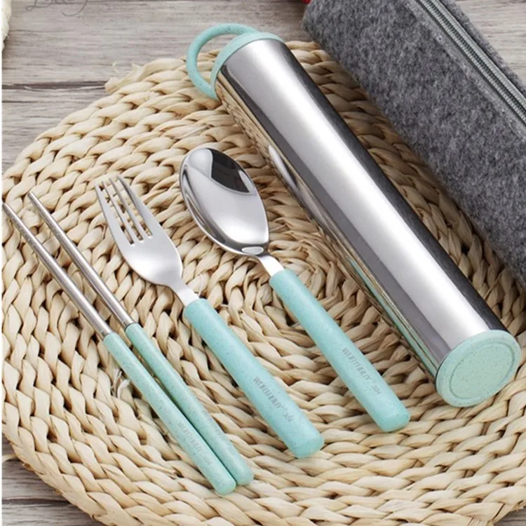
Eco Friendly Cute Portable Cutlery Box Wheat Straw 304 Stainless Steel Spoon Fork Cutlery Set 