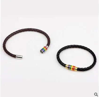 2017 Fashion Men Rainbow Jewelry Charm Genuine leather Bracelet Stainless Steel Magnetic Buckle Accessories Gay Pride Bracelet