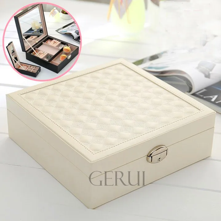 Wholesale Black Leather Foldable Lock Mirrored Jewelry Trinket Box With Mini Gift Box Inside