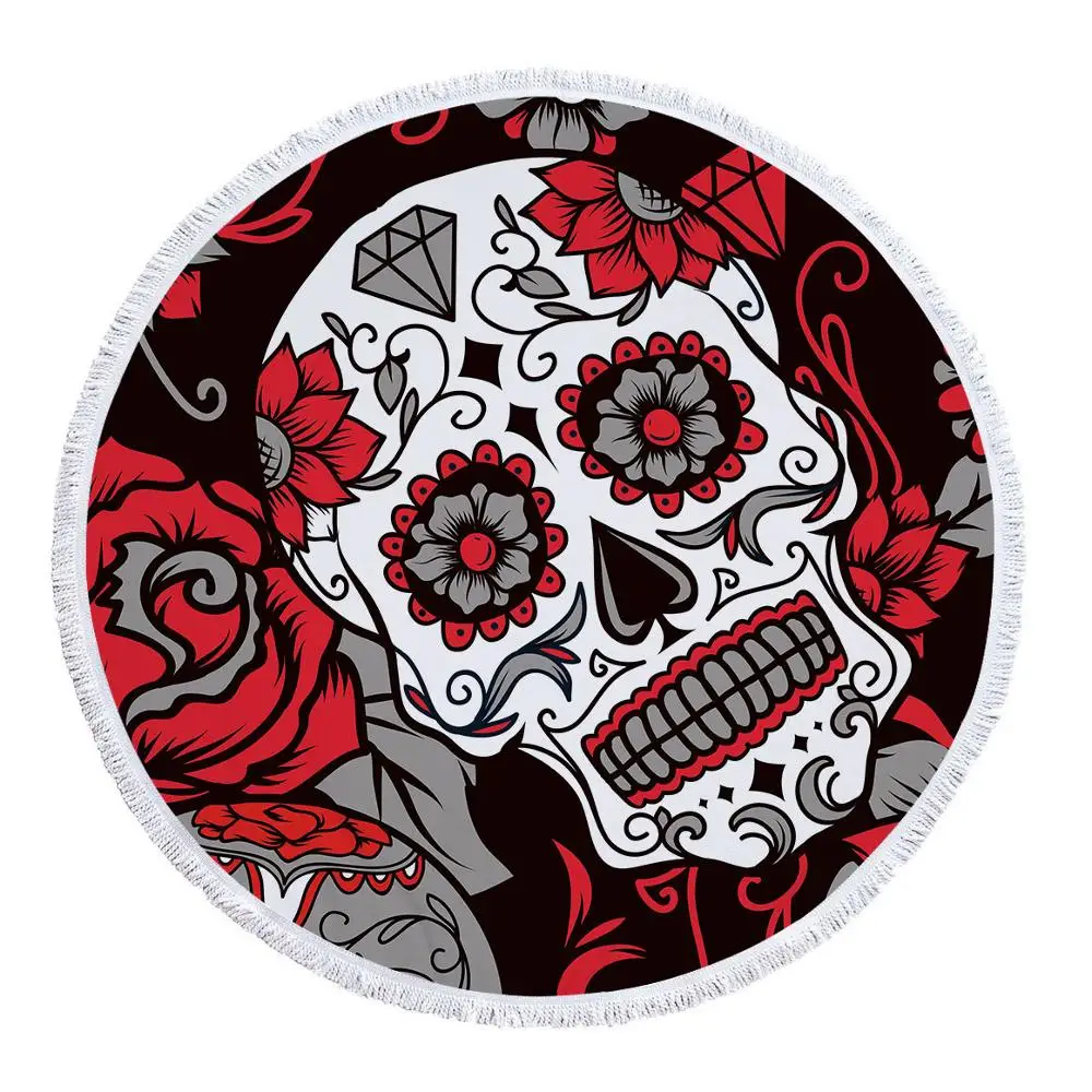Skull Round Beach Towel Circle Blanket Skeleton Flower Microfiber Round Beach Blanket Custom Print Toalla Redonda