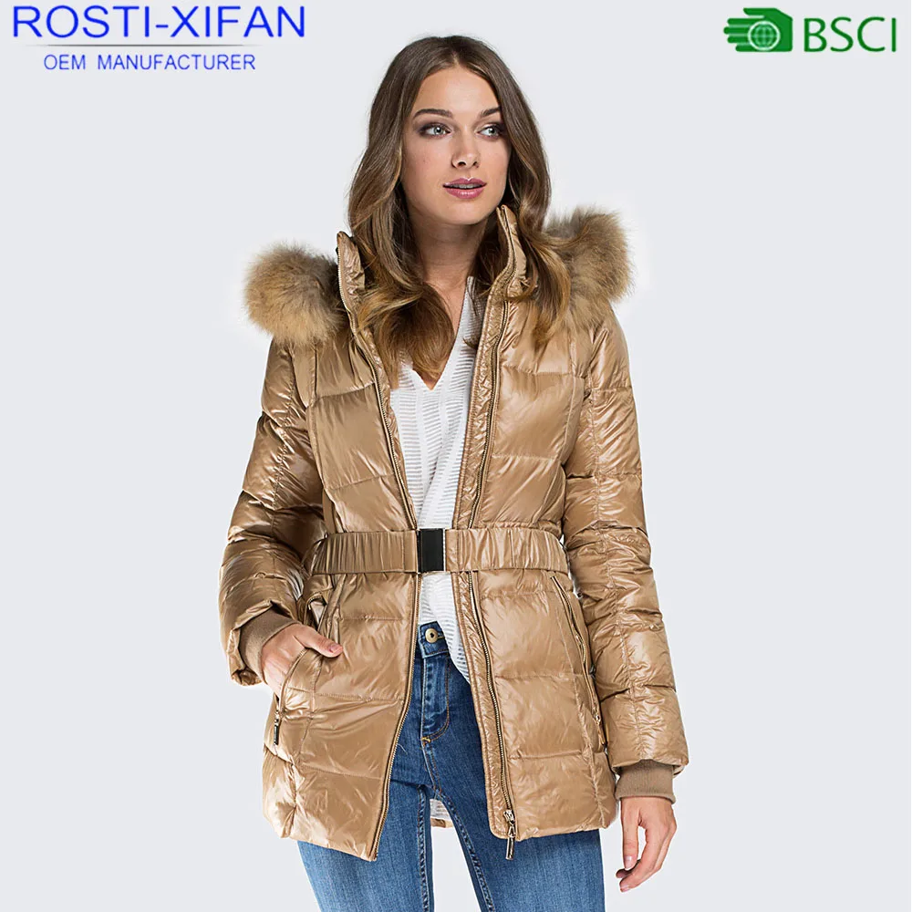 
Jacket Women Winter Fashion Duck Down Parka Coat with Natural Raccoon Fur and Belt 