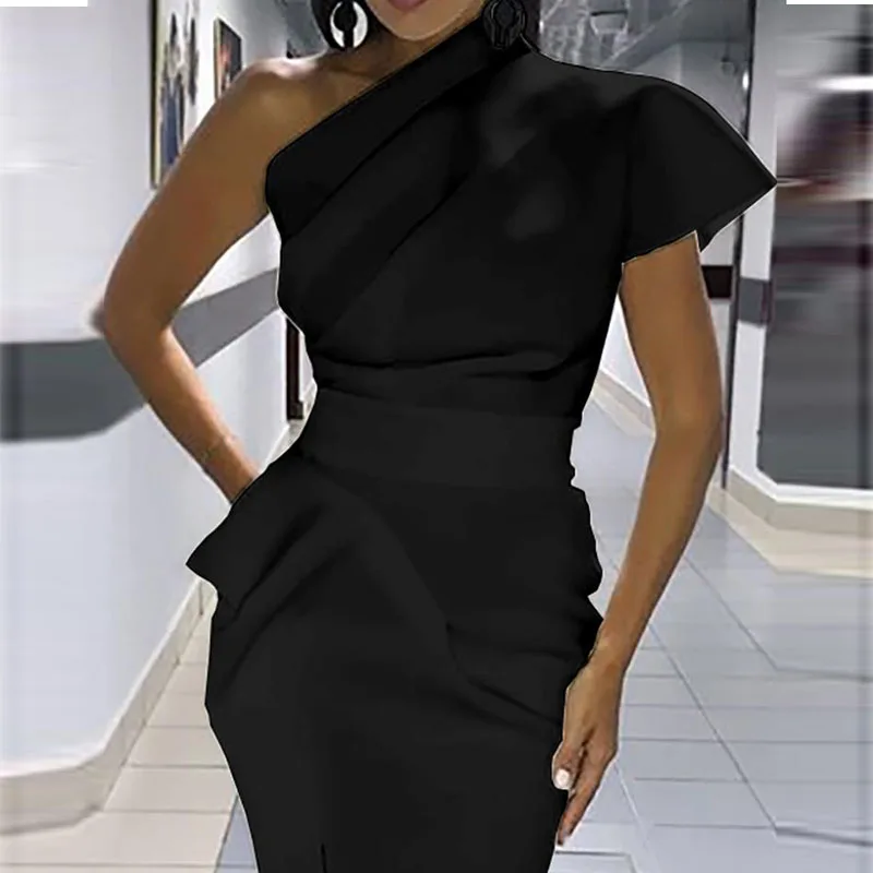 Women solid black polyester One Shoulder Ruched Irregular Party Dress  hidden side zipper closure pencil hem banquet  prom dress