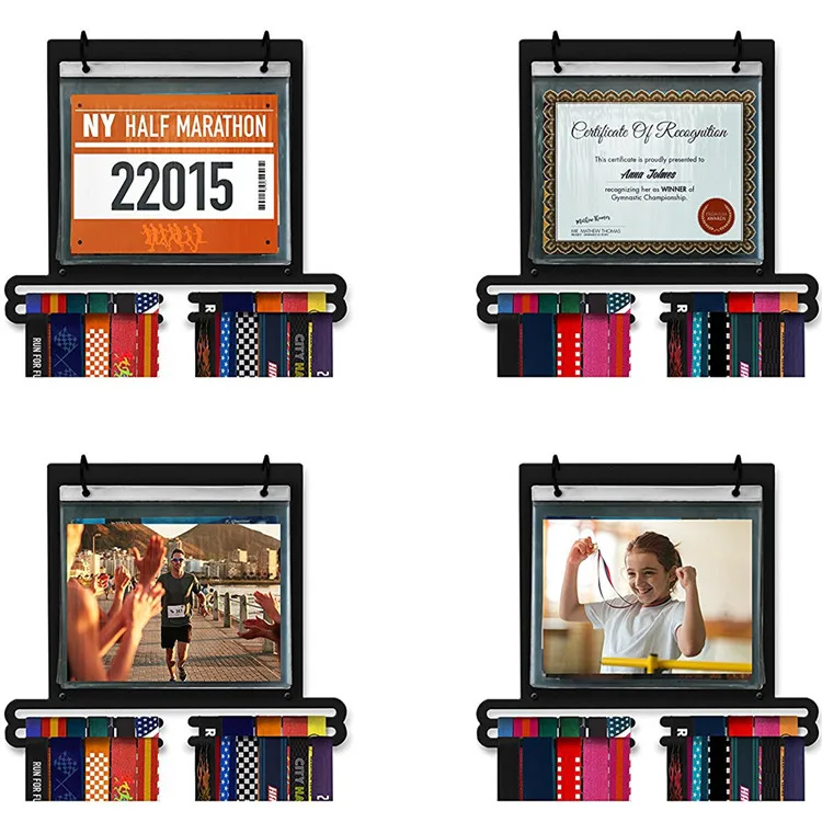 Factory Custom Medal Display Hanger Marathon Medal Holder With Bib Pouches