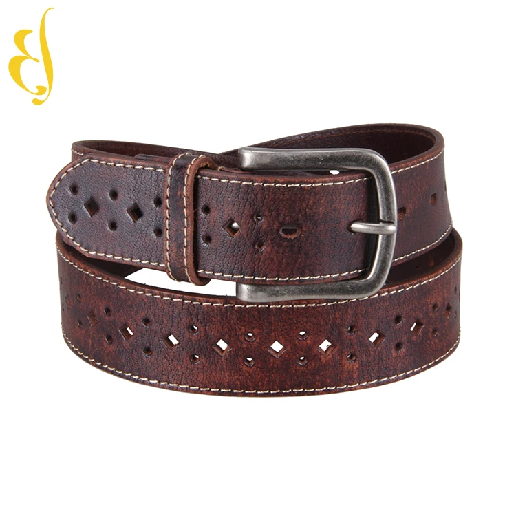 Custom Perforated casual men belt Vintage Genuine Full Grain Leather Belt with single needle buckle