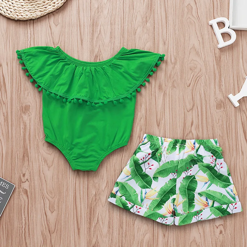 
Baby Girl Clothing Set Summer Newbrorn 2pcs Outfit Green Lotus collar romper & leaf print shorts for 3-18M 