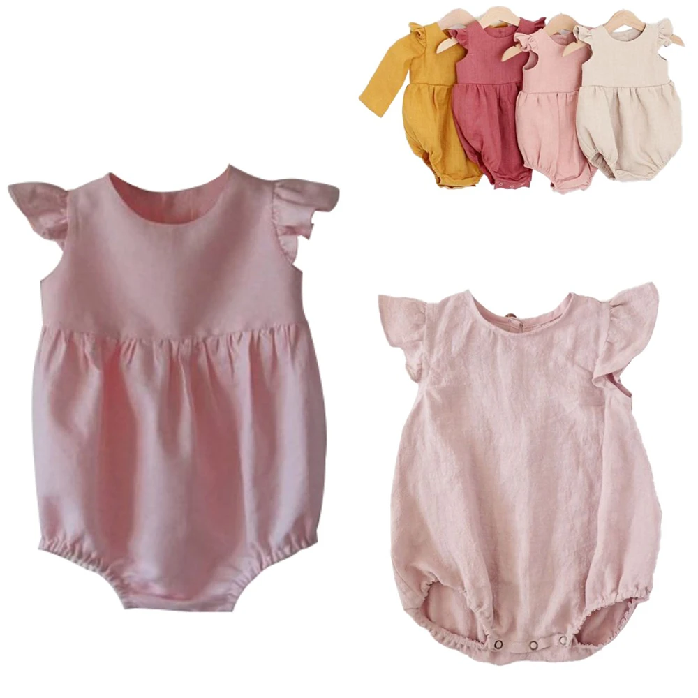 
Sleeveless romper baby clothes solid baby romper ruffle linen baby romper 