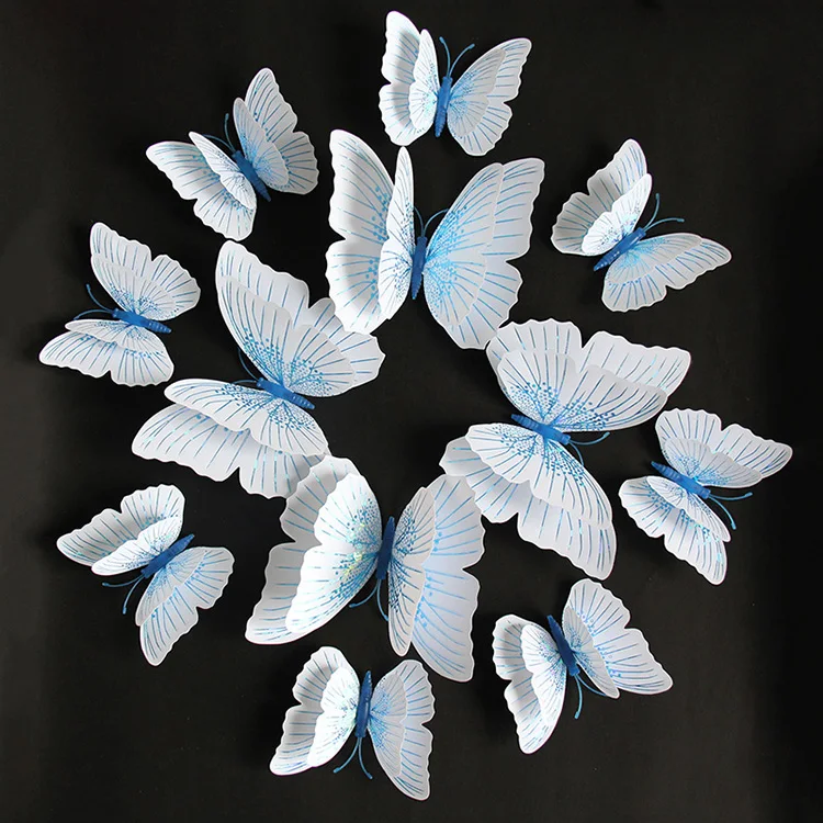 Realistic PVC 12 Pieces double wings 3d butterfly stickers for home decoration and wedding decoration