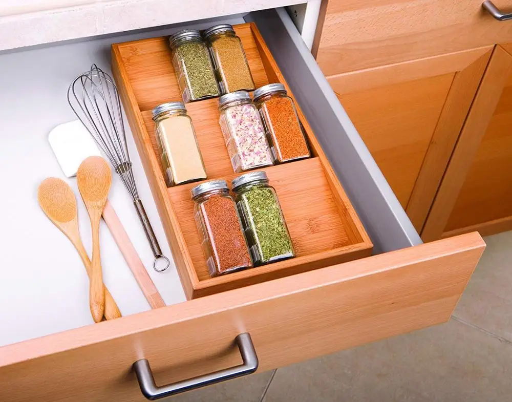 3-Tier Bamboo Kitchen Spice Organizer For Drawer Spice Storage Shelf Drawer Tray Organizer