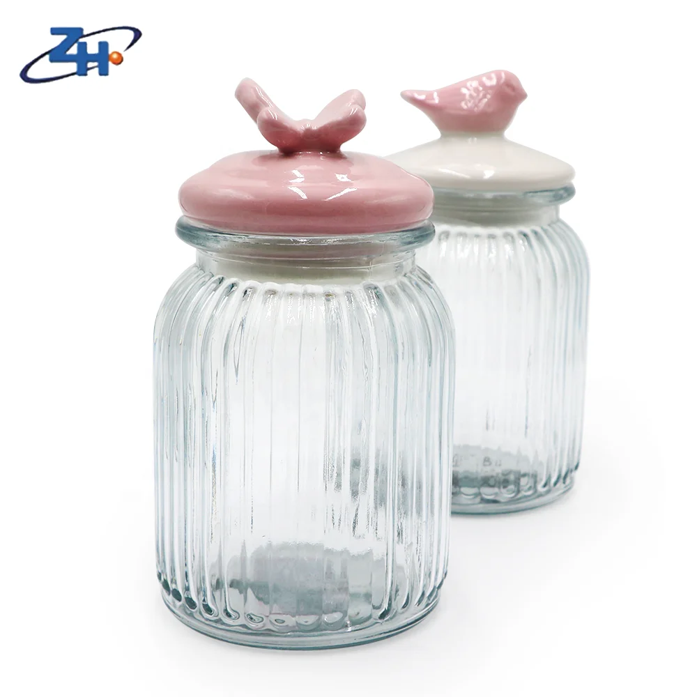 Storage Jar Lid Food Custom Storage Bottles & Jars Minimalist Cover Glass Set Hot Selling Round Shape Clear Glass with Ceramic