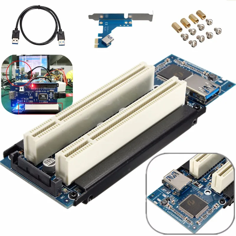 PCIe x1 x4 x8 x16 to Dual PCI slots adapter pci express to 2 pci card With USB 3.0 Extender Cable for serial parallel sound card