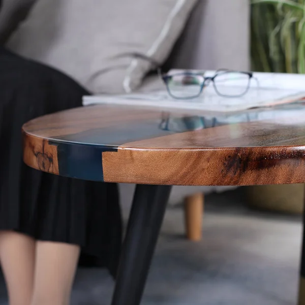 Home Furniture Beautiful clear blue river center solid wood epoxy resin table coffee table for living room