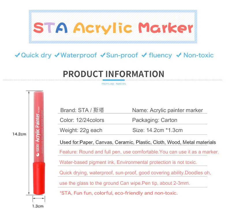 2018 Amazon Hot Selling  STA Brand 24 Colors Acrylic Paint Pens With OEM Packaging