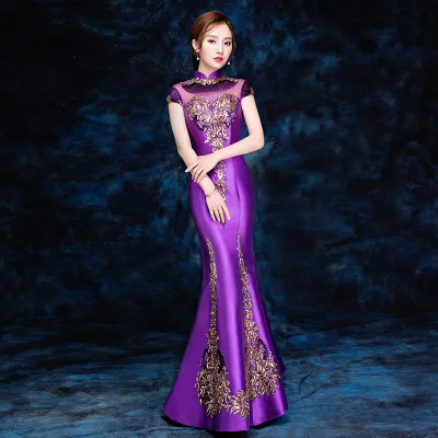 
Chinese Traditional Dress For Women High Neck Cap Sleeves Mermaid evening dress Elegant Embroidered cheongsam 