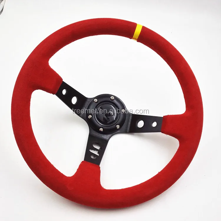 350mm 3 Inches Deep Dish 6 Hole Racing Steering Wheel Black Leather Yellow Pointer with Horn Button