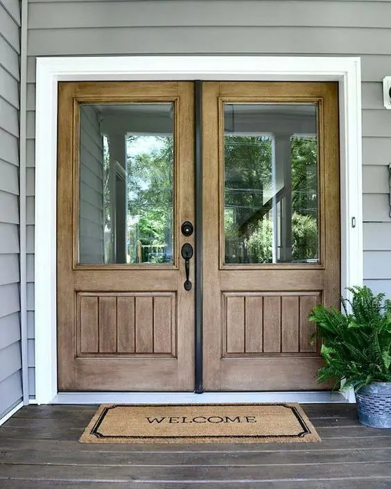 Seeyesdoor wooden double windows door tempered glass entry doors exterior for apartment