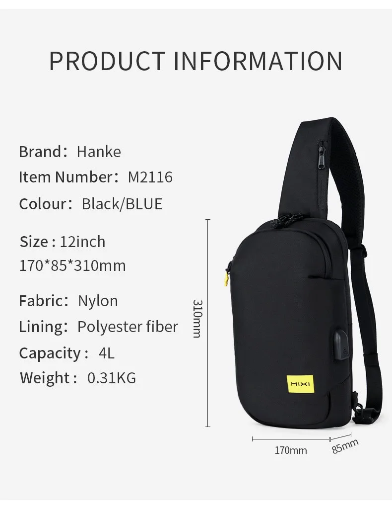 MIXI Wholesale Waterproof Men Anti-theft Messenger Shoulder Chest Crossbody Bag Side Sling Bag with USB