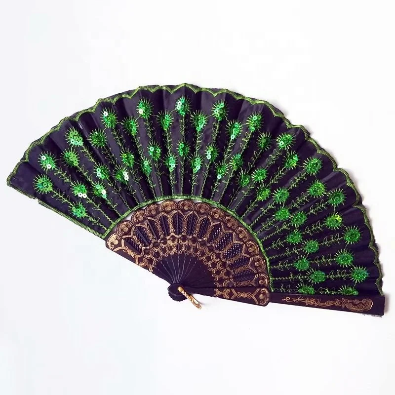 Embroidery Peacock Colorful Hand Plastic Folding Fan Lady Fan Wedding Favors Gifts With Paillette