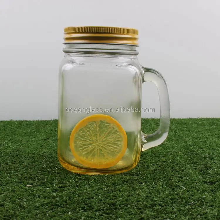 Colored glass drink cup with handle Mason jar mug with metal lids Wholesale 16oz drinking bottle with plastic straw