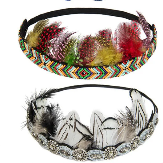 Feather Crown Headband Colorful Beads Headwrap Showgirl Carnival Party Headdress
