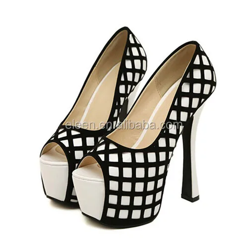 Factory handmade office lady heels black and white high heels shoes