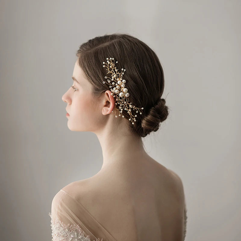 O384 Elegant Wedding Bridal Headpiece Alloy Pine Branch Pearl Crystal Bride to Be Hair Comb Women Pageant Hairwear Tiara