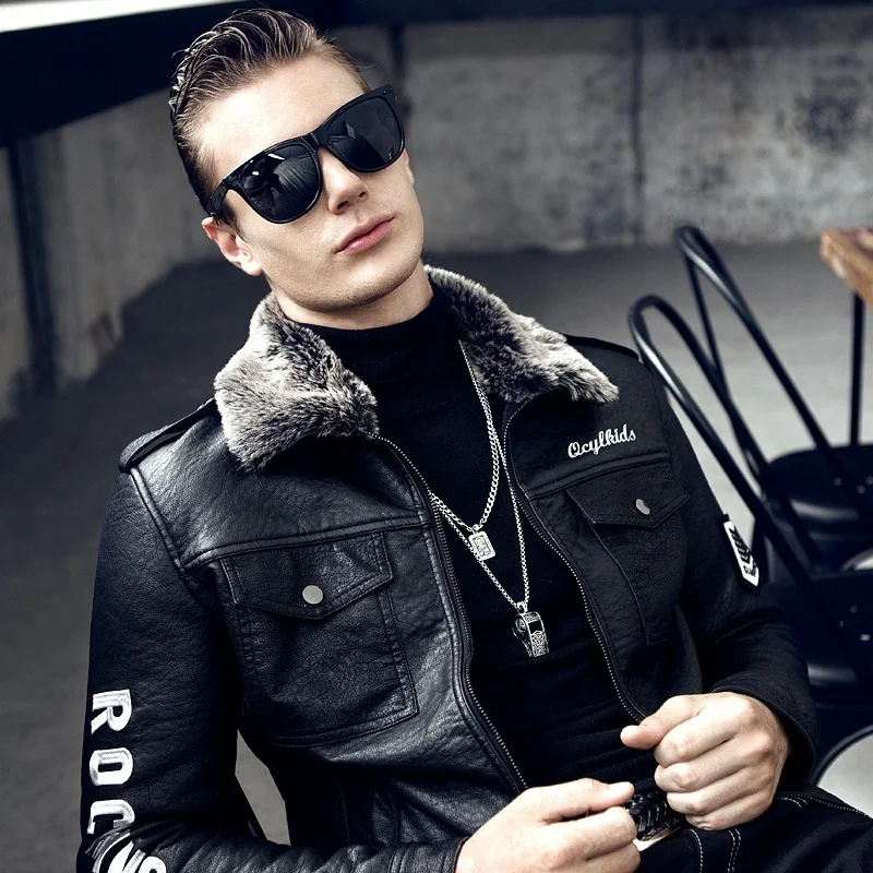 
Classic Windproof Fur Lining Mens Motorbike Punk Leather Winter Jacke 