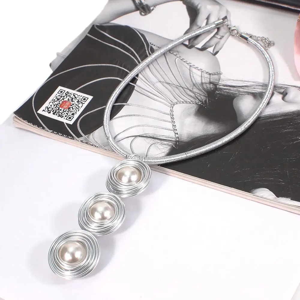 HANSIDON Fashion Pearl Chokers Necklaces For Women Statement Jewelry Handmade Wrap Wire Rope Chain Long Pendants Maxi Necklace