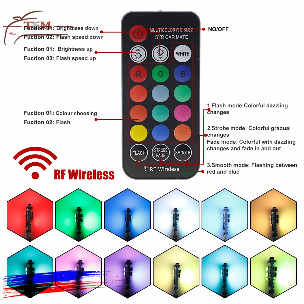 Colourful LED Light Bulbs T10 W5W With RF Remote Control 2825 Strobe RGB Car Interior License Plate Dome Door Light