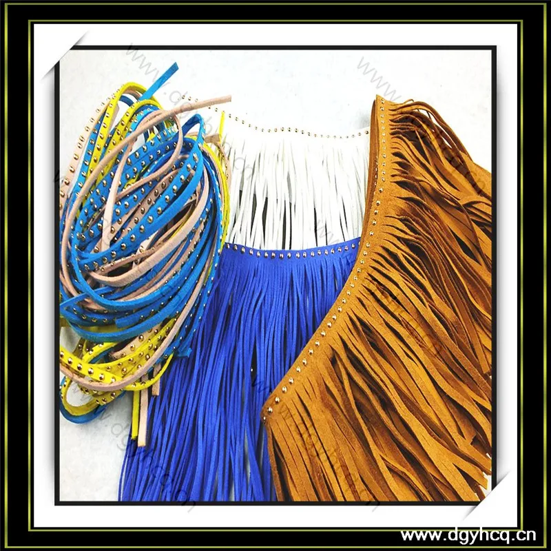 Fashion style long fringe trim microfiber suede leather fringe trim with rhinestone for shoes handbags pillow decoration