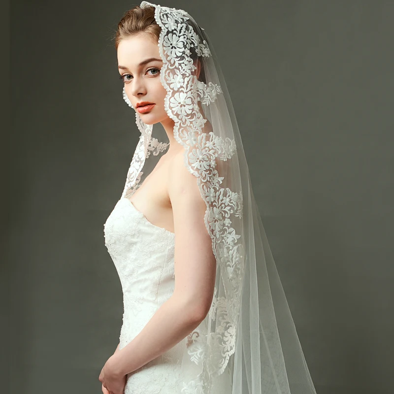 V1248W1-1 long cathedral veil bridal long veil wedding lace veil