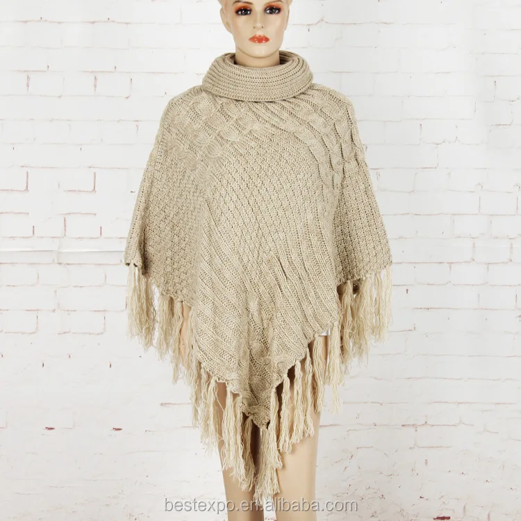 
wholesale winter knitted poncho with fringe choker cashmere pullover sweater women wool cloak 