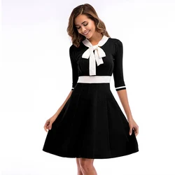 2019 graceful office lady dresses assorted color bow-tie collar half sleeve slim ball gown knitting women career dresses
