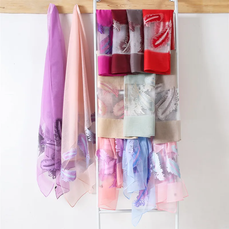 Hot sell multicolor feather pattern women voile scarf embroidered embroidery shawl