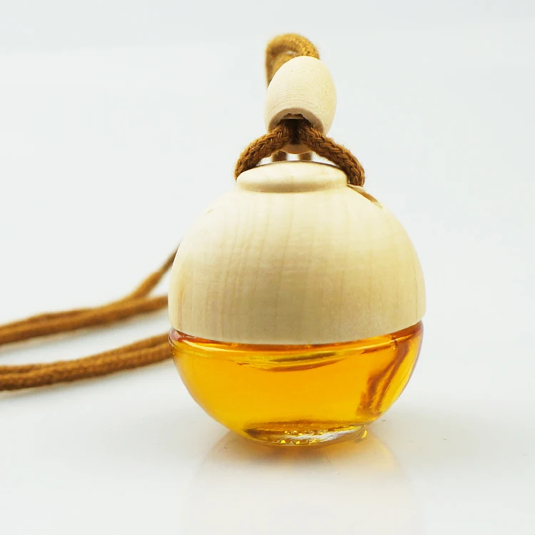 Hot Sale Ball Shaped Empty Hanging Car Air Freshener Vent Glass Car Perfume Bottle with Wooden Cap