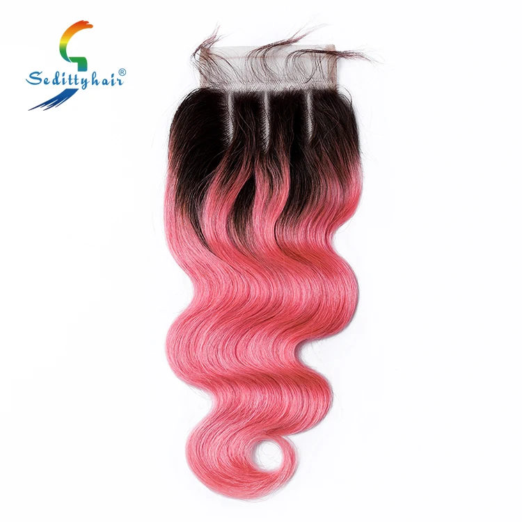 Wholesale Virgin Human Hair Body Wave 4*4 Top lace Closure Color 1b/pink