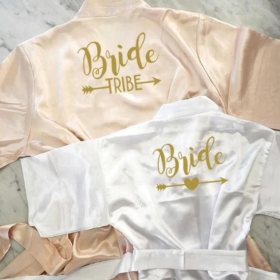 
C&Fung design Bride Wedding Day Robe gold printing letters printed Bride tribe Satin Robe Gift Bridesmaid team robes  (60767717312)