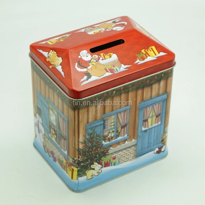 Rectangle money tin box with slot on top lid