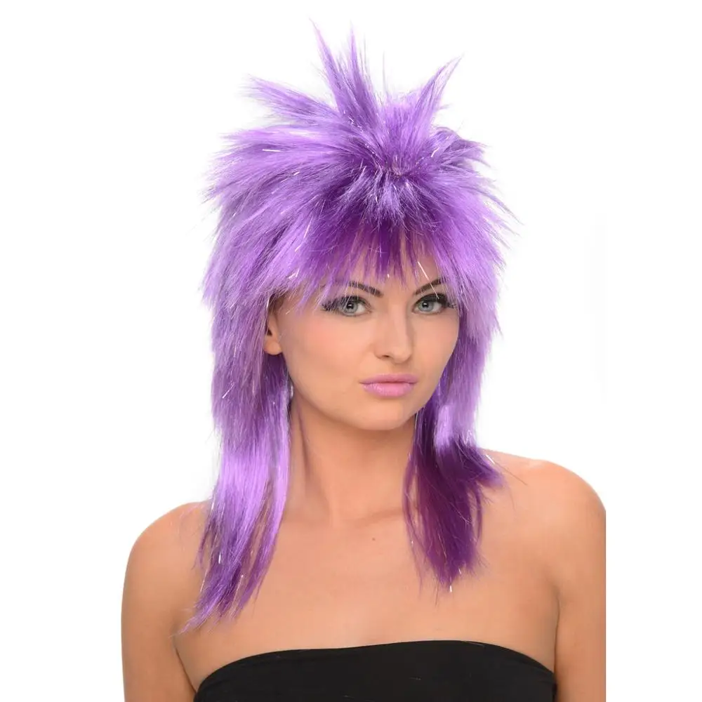 Adult 80s ROCKER WIG Diva Spiky Mullet Neon Orange Tinsel Wig