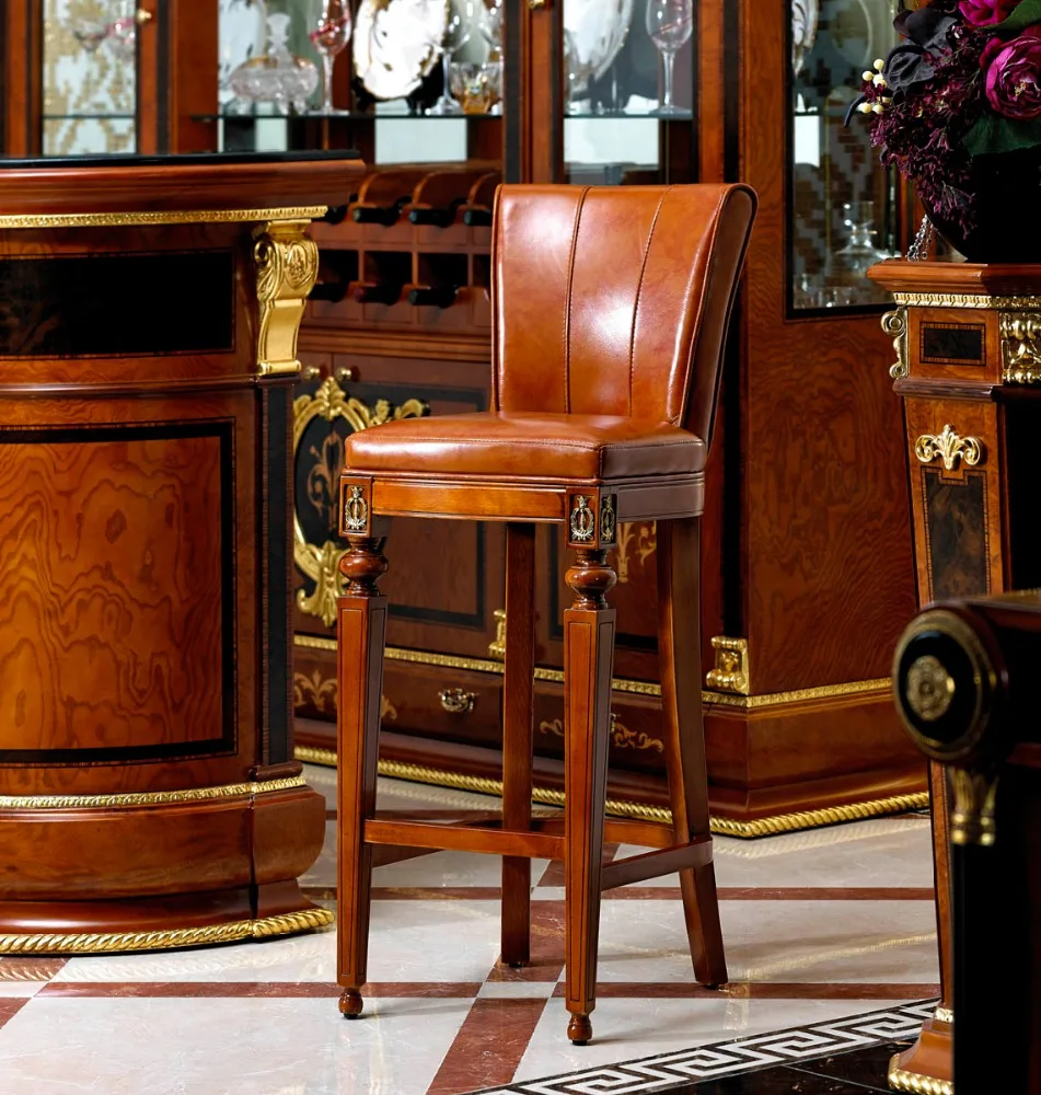 YB38 Manufacturer Supply classic antique Leather solid Wood High leg hand made wood home bar stool chair set