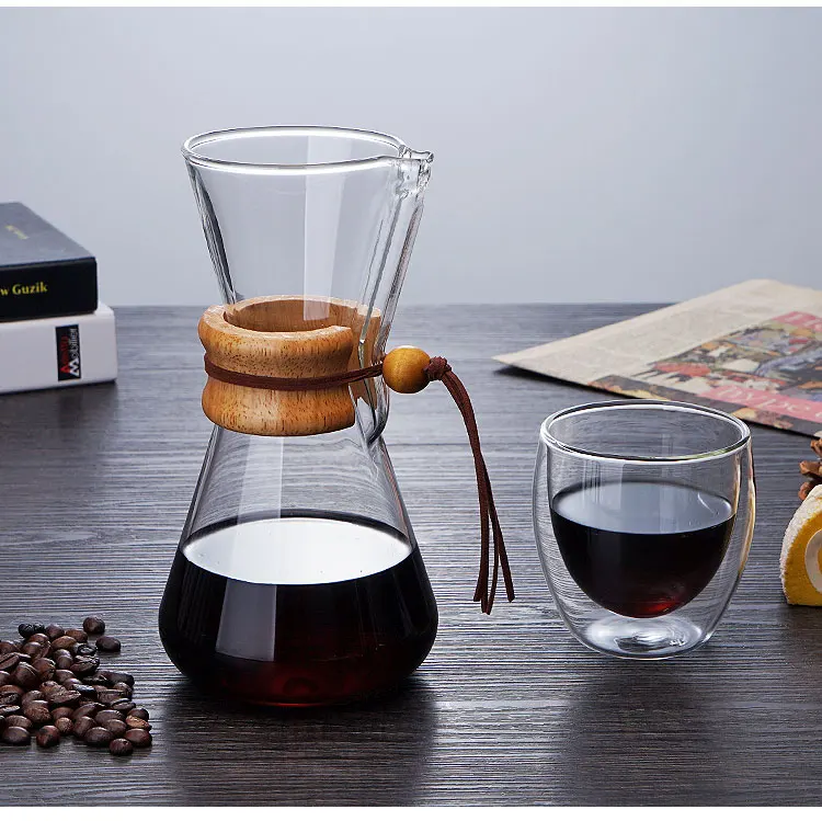 Handblown wholesale pour over glass coffee maker with wood neck