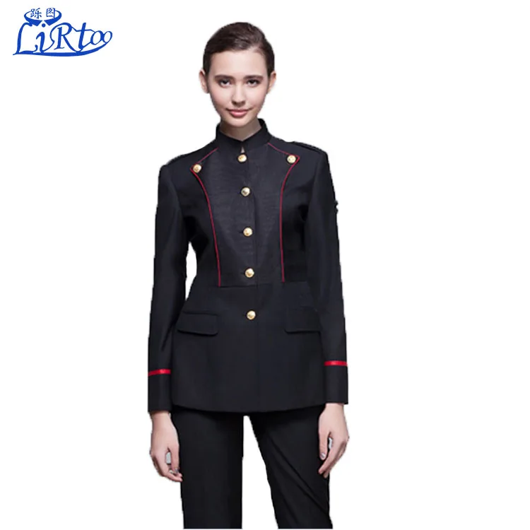 Design high quality lady hotel security guard uniform black color for sale